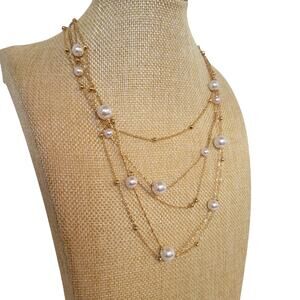 Multi Strand Gold Tone Necklace Faux Pearl Bead 20” Layered Statement Gift Bag